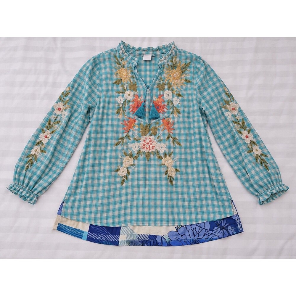 Johnny Was Nalina Scarf Top M Turquoise Plaid Floral Embroidered Boho blouse